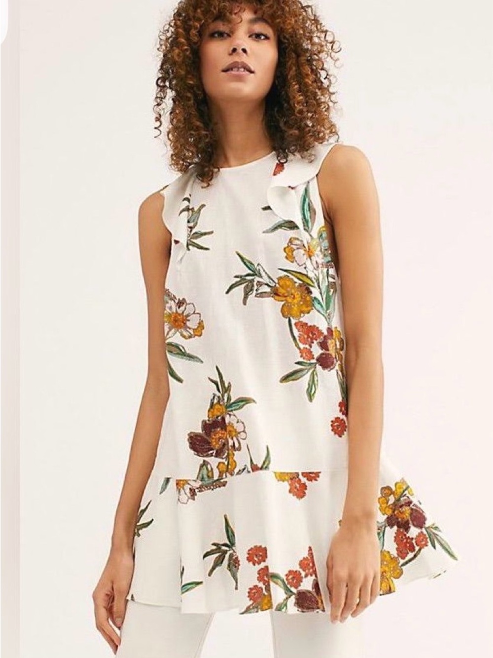 Free People White Floral Ruffle Tie-Back Tunic